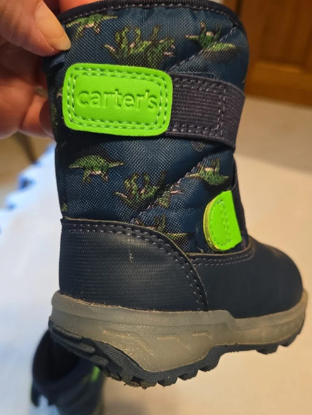 Carter's Navy Boots with Bright Green Dino Accents